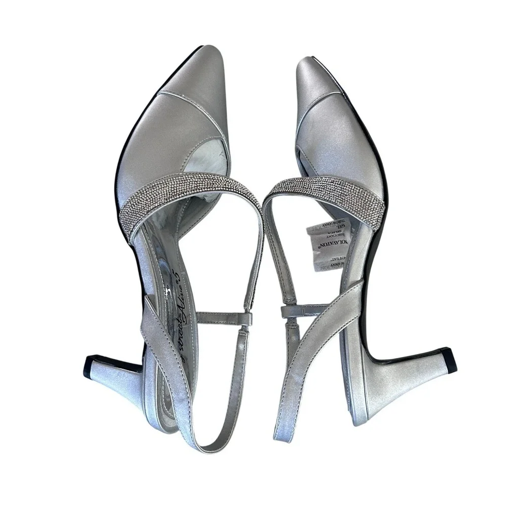 Easy Street Alive @ 5 Emerald‎ Silver Satin Slingback Pumps Heels 9M NEW